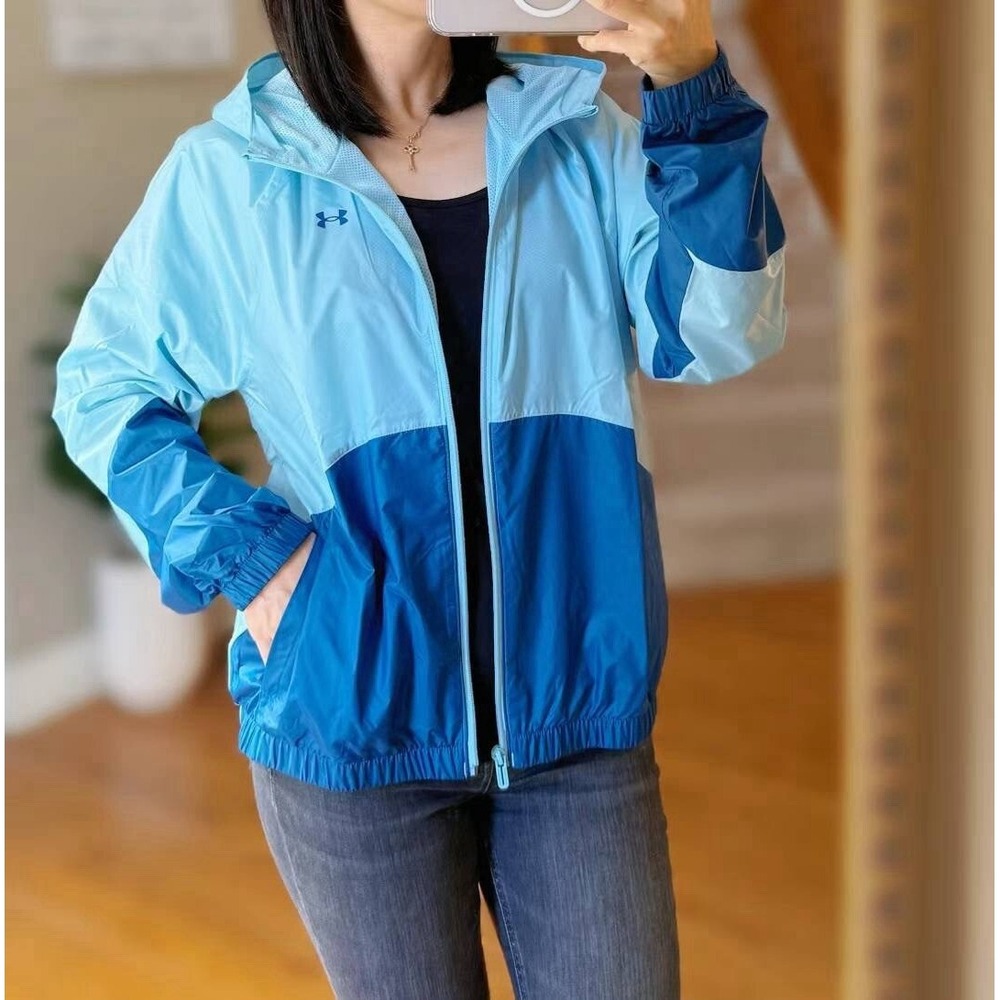 Under Armour Womens Sport Windbreaker Hooded Full Zip Mesh Lined Elastic Blue L